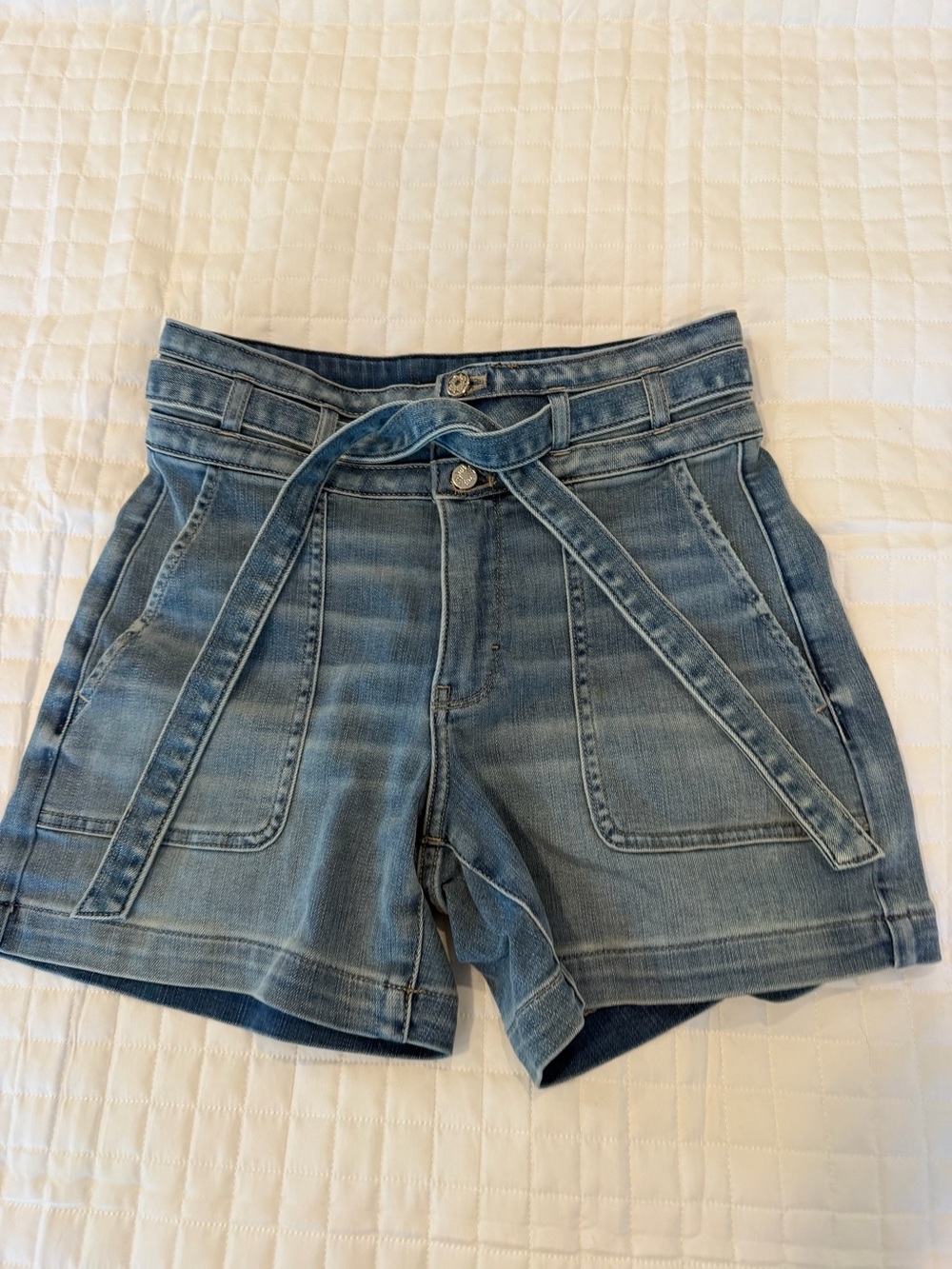 White House Black Market Light Blue High-Waist Denim Shorts with Tie